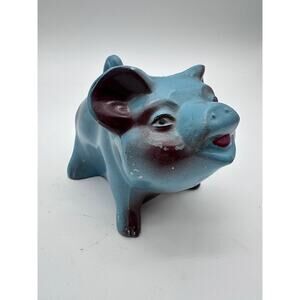 Vtg Cast Aluminum Pig Bank Jackson County Federal Saving Blue Pink Plate Antique
